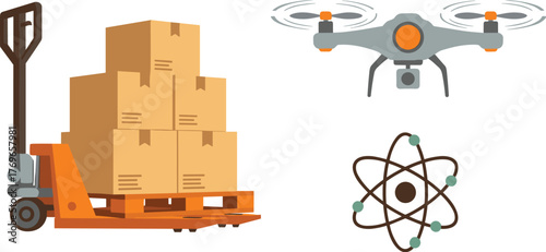 Modern Logistics Innovation: Pallet Jack Transporting Boxes, Drone for Delivery, and Atom Symbolizing Science - Illustrating Technological Advancement in Business, Supply Chain, and Global Trade for W