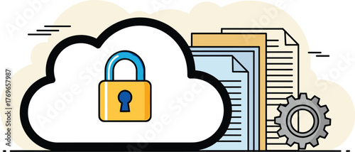 Secure Cloud Data Management Illustration: Visualizing Information Protection and Configuration for Modern Technology Solutions, Safe Digital Systems, with Business Applications,  Conceptual Design fo