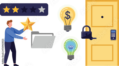 Business Professional Evaluates Security Solutions with Innovation for Digital Transformation, Securing Data and Ideas in Modern Office Setting. Promoting Growth and Success with Ratings and Feedback