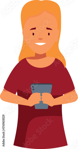 Young woman with long hair holding smartphone, enjoying mobile technology and online communication