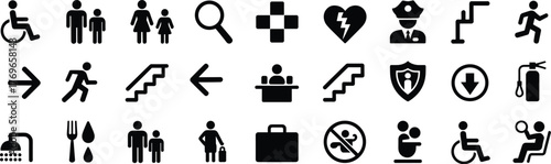 Universal Public Signage Icons for Accessibility, Safety, Navigation, Emergency Services, Hygiene, Family Assistance, and Facility Guidance in Public Spaces
