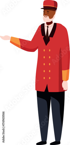 Friendly senior porter wearing red uniform and gesturing with hand to show direction