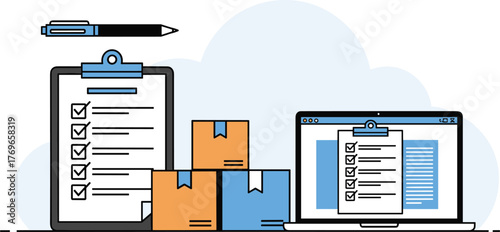 Digital Inventory Management and Logistics Planning with Laptop, Boxes, and Checklist - Online Order Tracking, Supply Chain Operations, Business Strategy, Retail, E-Commerce, Modern Flat Design, Profe
