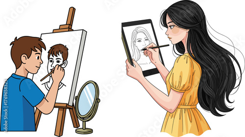 Artists Drawing Portraits Using Traditional Easel and Digital Tablet, Creative Art Scene Comparing Analog and Modern Techniques in Cartoon Style