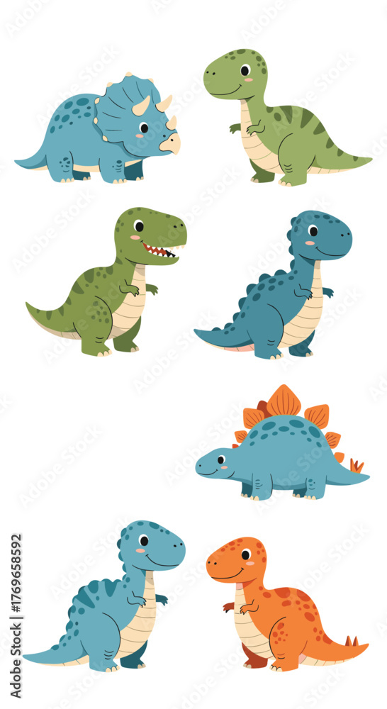 Fototapeta premium A collection of cute cartoon dinosaur illustrations on a white background, perfect for children's designs and educational materials.