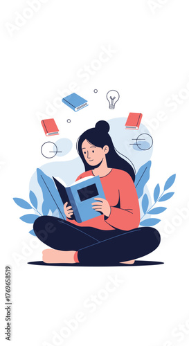 Young woman sitting comfortably and reading a book, surrounded by symbolic elements of knowledge and ideas, representing education and intellectual growth.