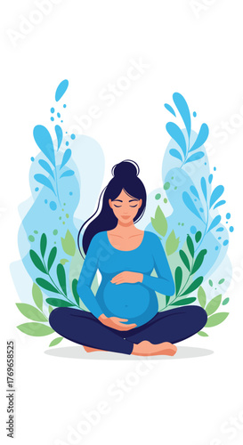 A serene illustration of a pregnant woman meditating amidst nature, symbolizing wellness and anticipation.