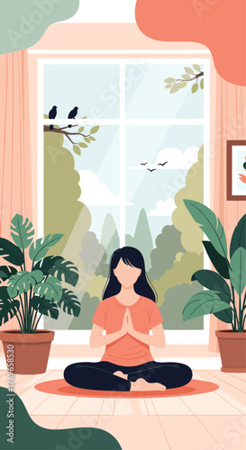 Woman meditating peacefully in a serene room with a view of nature through the window.