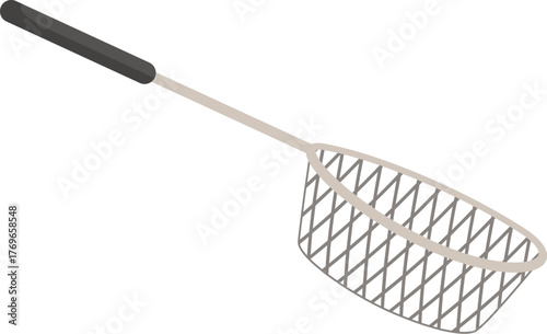 Metal kitchen strainer with long black handle, isolated on white background, useful for draining pasta or vegetables