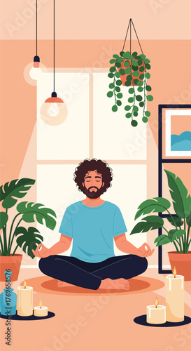 Man meditating peacefully in a room with plants and candles during the day.