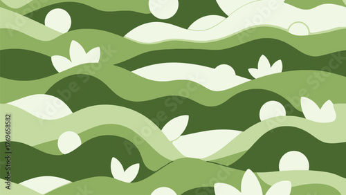 Layered River-Leaf Waves Eco Background in Olive Tones, Editable Seamless Nature Pattern for Sustainable Packaging and Web Banners