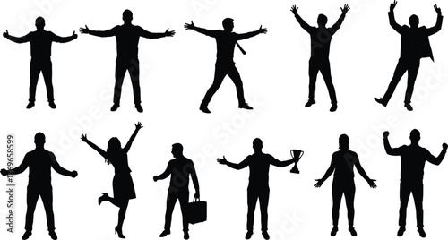 Celebration silhouette vector set with triumphant poses, success gestures for business, motivation, achievement, leadership, victory, and professional themes