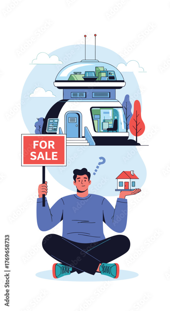 Naklejka premium Man ponders buying a futuristic house while holding a for sale sign and a miniature home.