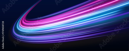 Colored shiny sparks of spiral wave. Curved bright speed line swirls. Vector vortex wake effect. Electric swirl lines, neon light effect. Abstract magic energy waves.	