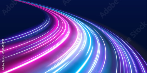 Light speed trails in neon blue and purple stretch across a transparent background, simulating futuristic motion. Each beam glows with energy and direction. Great for sci-fi or racing themes. PNG