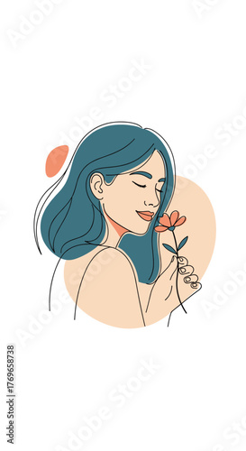 Illustration of a beautiful woman with blue hair holding a flower and smelling its scent in a minimalist style, evoking beauty and tranquility.