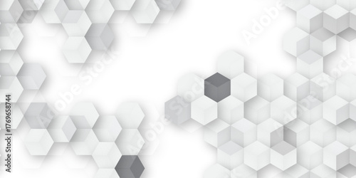 A subtle hexagon pattern background with interconnected shapes in soft gray and white. Simple abstract modern background White geometric hexagonal honeycomb shape texture background 3d copy space.	
