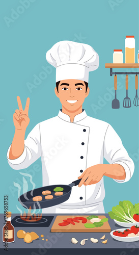 A male chef in a white uniform and hat cooks food in a pan, showing a peace sign.