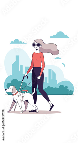 A visually impaired woman wearing sunglasses walks with her guide dog and white cane in an urban park, depicting independence and assistance.