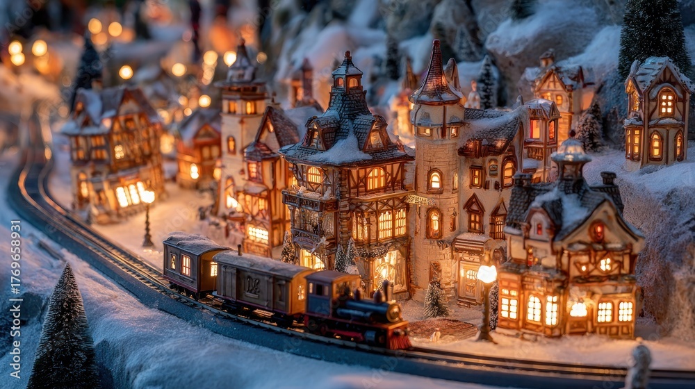 Fototapeta premium Detailed miniature christmas village with a train running through the snowy landscape