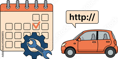 Scheduling Automotive Maintenance Online: An Orange Car Receiving a Scheduled Tune-Up, Depicted with a Wrench, Gear, and Calendar, Representing Automobile Repair Appointments and Digital Booking via H