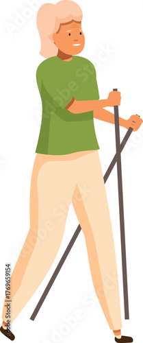 Senior woman engaging in nordic walking, promoting active lifestyle and physical health