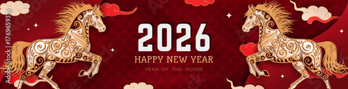 Red panoramic banner with hand drawn paper cut clouds, stars and golden ornate Horses as zodiac sign for 2026 Lunar New Year. Layered header in asian style. Christmas craft billboard or greeting card
