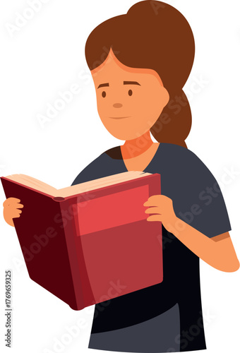 Girl enjoying reading, holding a book, focused on learning and literature, isolated on white background