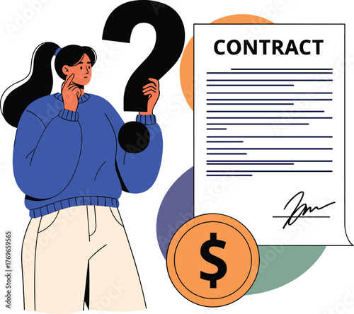 Woman Contemplates Contract Terms Holding Question Mark, Analyzing Legal Agreement in Business Negotiations, Financial Considerations, Modern Vector Illustration for Legal Services, Consulting, Decisi