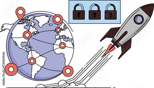 Global Network Security Launch: A Rocket Ascends from Earth, Representing Secure Global Connections and Data Encryption, Ideal for Tech Presentations and Innovation Marketing Materials Featuring a Mod