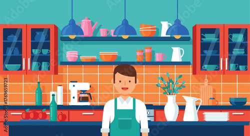 Cartoon vector illustration of modern kitchen interior with person in apron, orange tiles, blue cabinets, utensils, decor, cooking setup