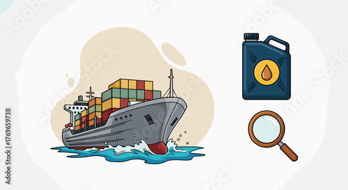 Cargo Shipping Vessel Inspections for Global Trade Compliance: A Modern Freight Transport Inspection Illustration Depicting Maritime Logistics, Fuel Consumption, and Supply Chain Research for Presenta
