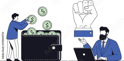 Professional Man Analyzing Financial Gains and Investments, Adding Coins to Wallet, Representing Investment Opportunities in Modern Business Environment for Marketing and Finance Presentations (Vector