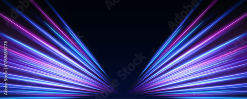 Panoramic high speed technology concept, light abstract background. Image of speed motion on the road. Abstract background in blue and purple neon glow colors.	