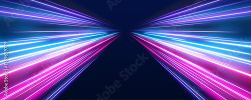 Panoramic high speed technology concept, light abstract background. Image of speed motion on the road. Abstract background in blue and purple neon glow colors.	