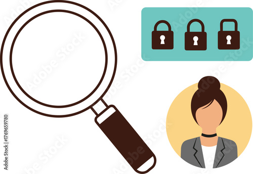 Data Protection Investigation by Cybersecurity Professional Examining Online Security Locks, Identity Theft, and Phishing with Magnifying Glass for Digital Privacy Research, Modern Graphic Illustratio