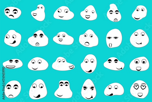 Various forms of cute emoji face characters, isolated on a background, vector