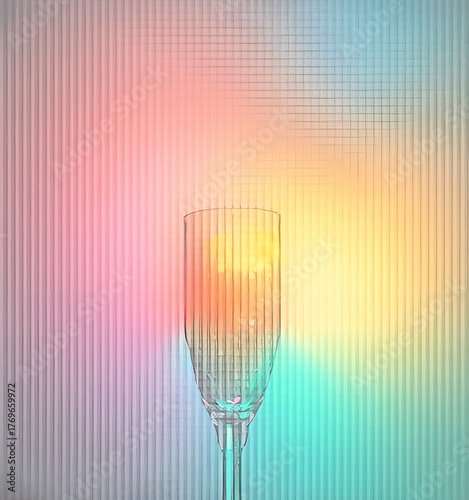 An empty champagne glass, placed in front of a colorful background with vertical stripes.