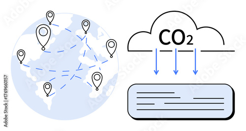 Globe marked with location pins, interconnected lines for emission tracking. CO2 cloud leads to lower emissions target. Ideal for sustainability, environment, climate change, global logistics