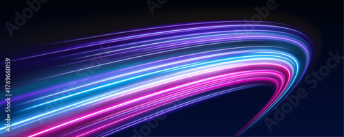 PNG bright electric motion lines with dynamic curves, symbolizing light speed on city roads, glowing beam in futuristic vector style.