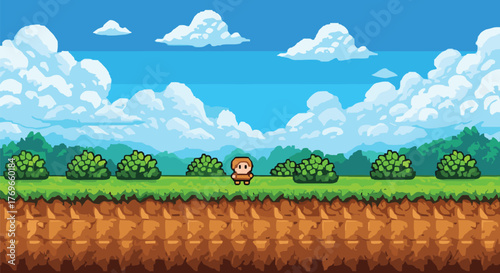 Pixelated Character Walking Through Serene Green Landscape with Rolling Hills and Fluffy Clouds - Nostalgic 8-Bit Adventure Game Scene for Retro Gaming Projects, Educational Resources, Creative Presen