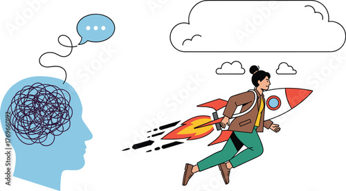 Ambitious Woman Launches Creative Ideas, Propelled by Innovation, Overcoming Mental Clutter in Business: A Modern Illustration of Problem-Solving, Project Management, and Futuristic Career Aspirations