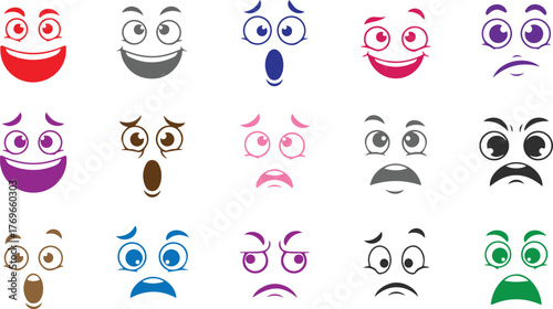 Collection of Cartoon Facial Expressions Vector Illustrations of Different Emotions