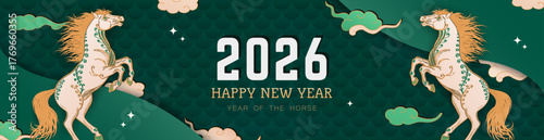 Template of green panoramic layered banner with hand drawn ornate Horse, Oriental clouds, stars, and greeting text. Happy Chinese New Year 2026. Holiday header with equine in paper cut art style. 