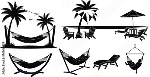 Tropical leisure silhouettes with hammocks, chairs, umbrellas, and hanging seat, vector illustration for beach relaxation and vacation design themes