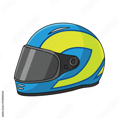 Blue and yellow racing helmet with dark tinted visor and black trim on white background motorcycle helmet.