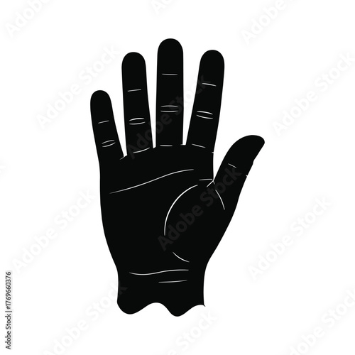 Black silhouette of an open human hand with fingers spread wide showing palm lines and creases on a white background.