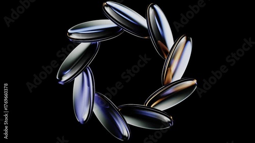 Neon glass ring of transparent lens with blue gold gradient glow. 3D render animation of rotating crystal discs, circular motion effect. Bright circle frame on black background. Futuristic technology.