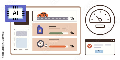 Graphic highlighting AI-driven vehicle analysis, fuel consumption, tire pressure, engine alerts, oil level, and diagnostics. Ideal for technology, automotive, AI innovation efficiency monitoring