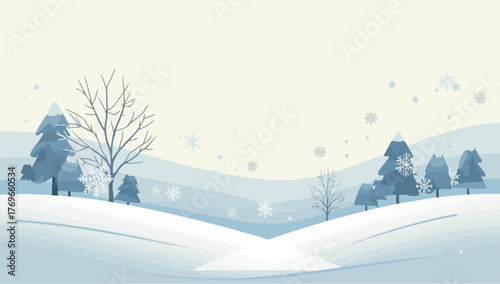 A serene vector winter scene with flat design elements, featuring delicate snowflakes, frosty trees, and gentle hills, all rendered in a minimalist style 